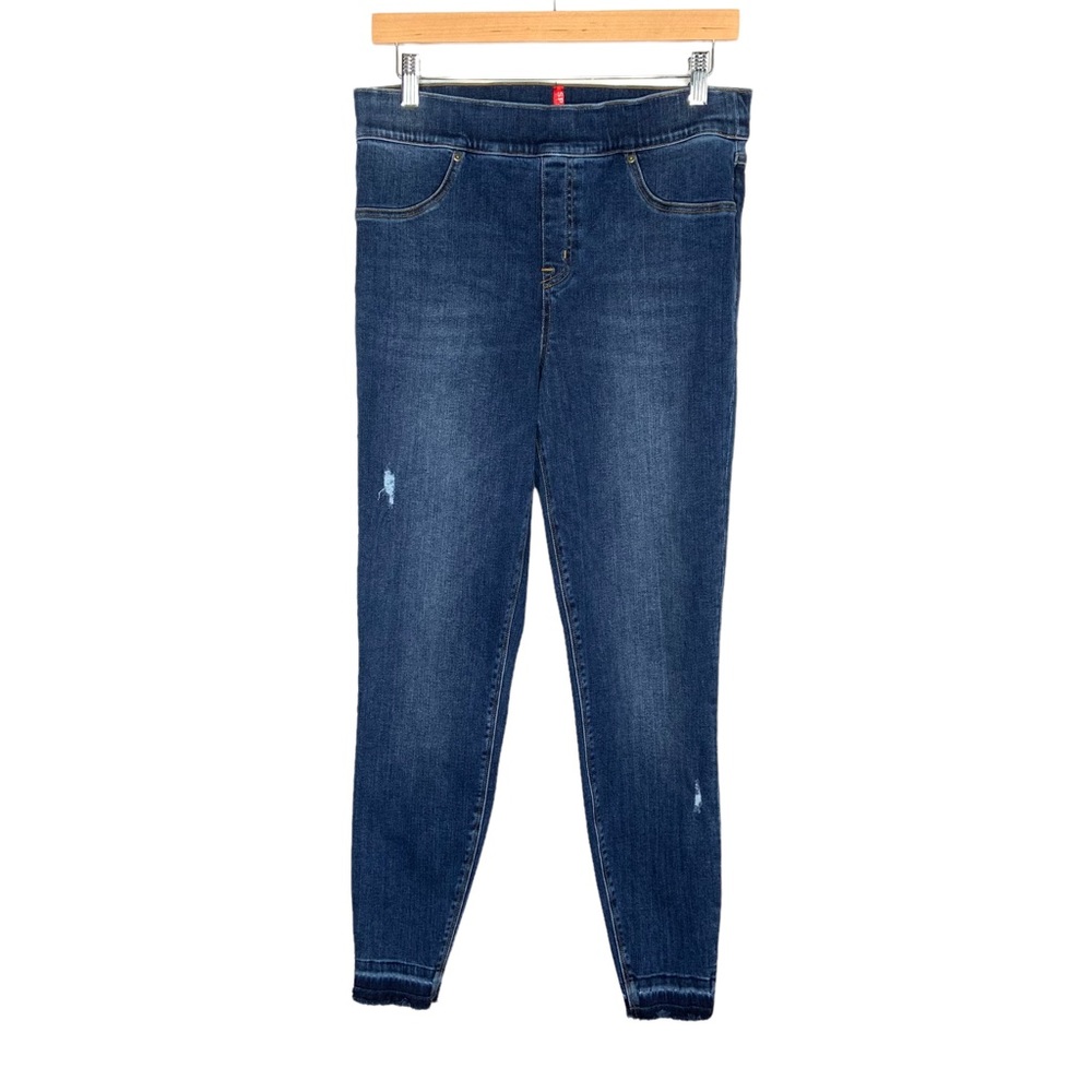 Spanx Distressed Ankle Skinny Jeans Large Medium Wash Released Hem Elastic Waist - Picture 2 of 9